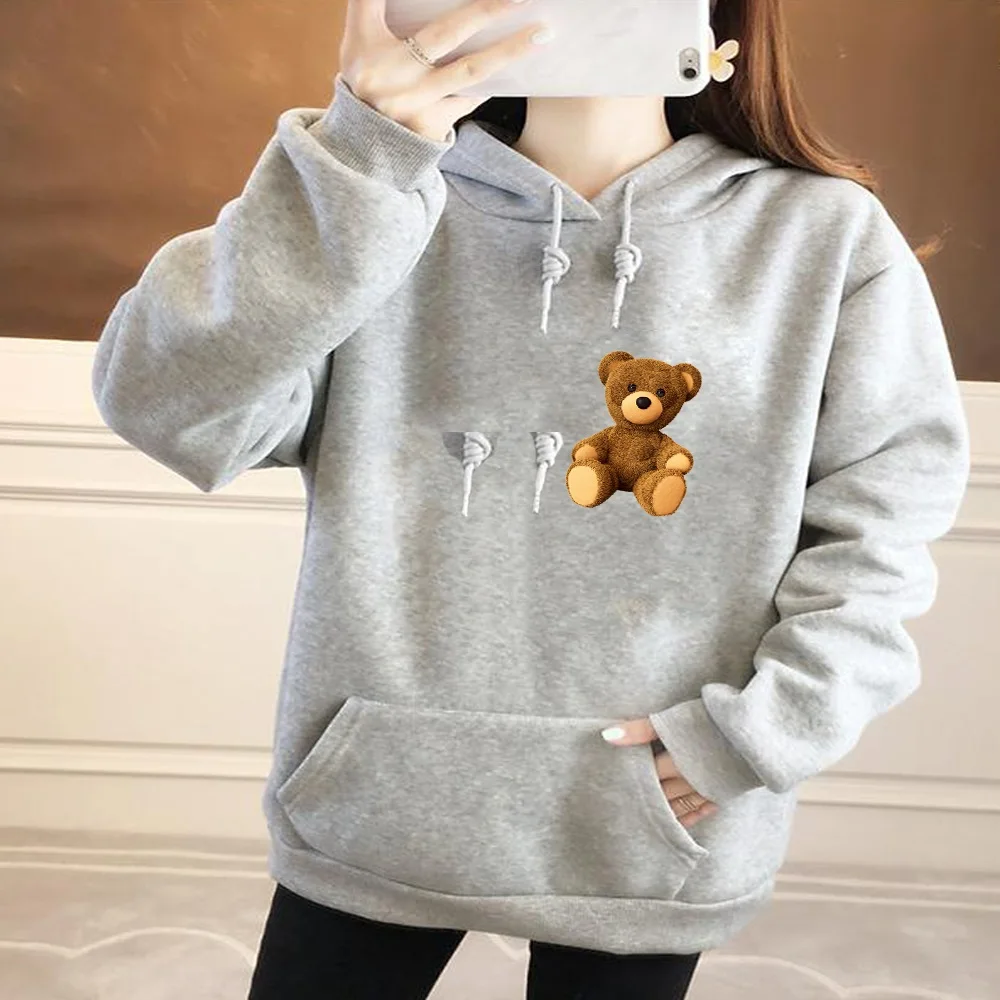 Autumn Women Hoodies Long Sleeve O-Neck Cute Bear Print Fashion Female Street Casual Commuter Tops Clothing Pullover Sweatshirt