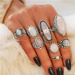 8pcs Of Rings Set Geometric Circle Oval Imitation Opal Stone Summer New Australian Treasure Retro Ring Set