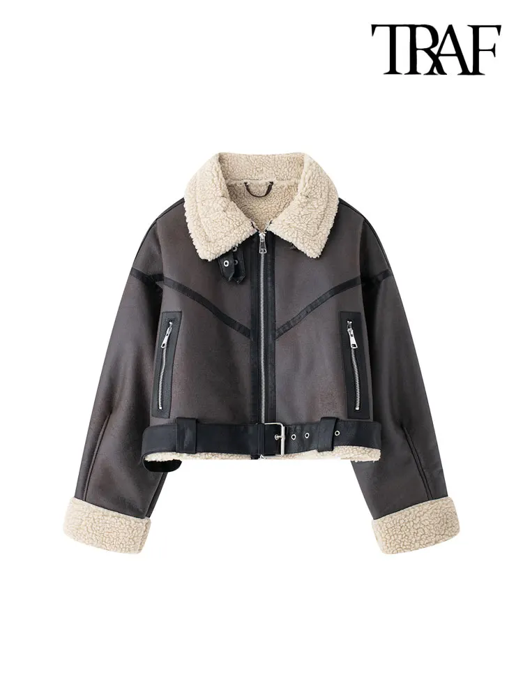 TRAF Winter Women Fashion With Belt Suede Lamb Leather Jacket Coats Faux Shearling Sheepskin Leather Outerwear Chic Tops