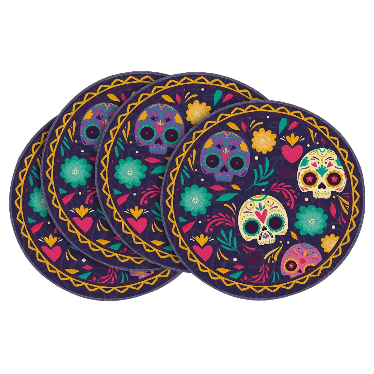 Skulls Floral Day of The Dead Halloween Round Placemats , 14 Inch Fall Round Table Mats for Dining Decoration