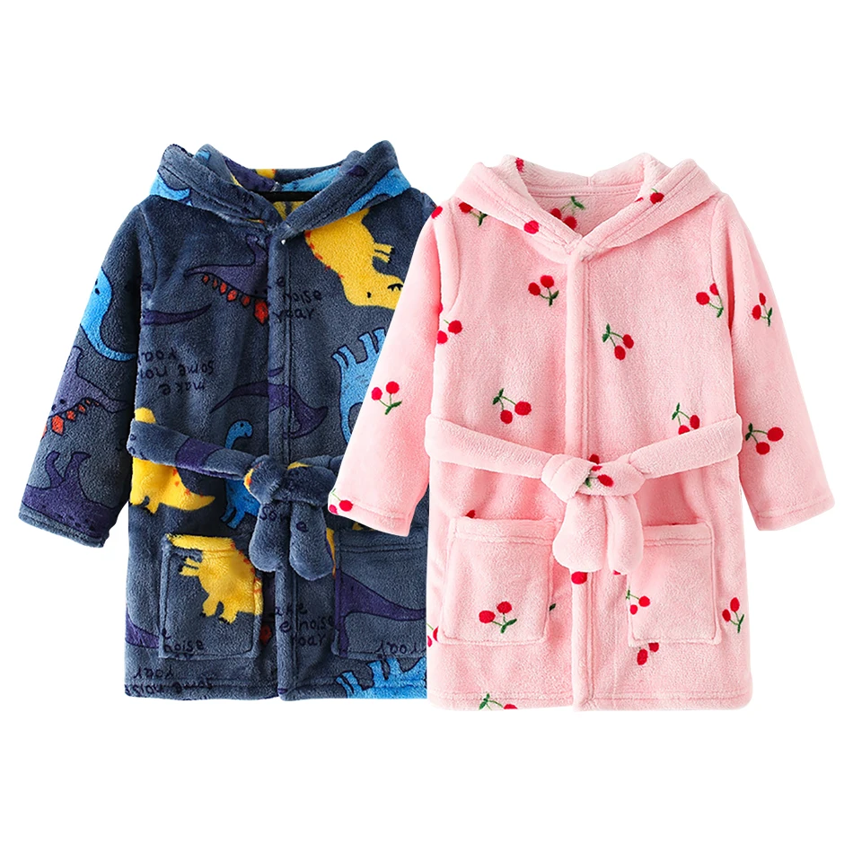 Warmth and Comfortable Kids Hooded Cartoon Patterns Fleece Robes Unisex Children Sleepwear for Comfortable Sleep and Relaxation