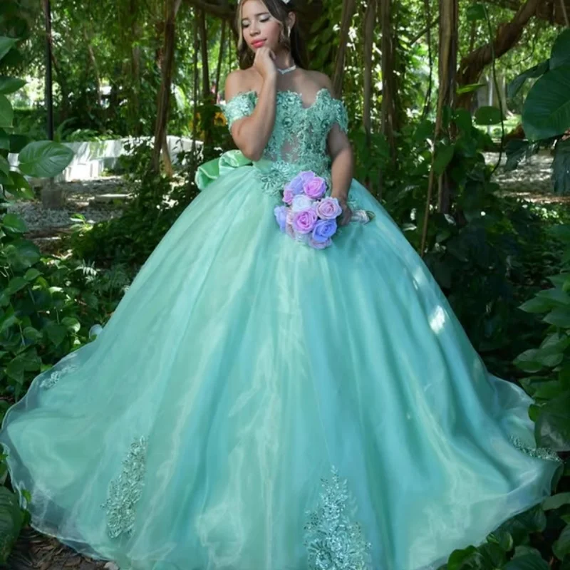 

Mint Green Quinceanera Dresses Glitter Flower Decal off-shoulder Long tail Bow Vestido 15 Quinceanera Customize