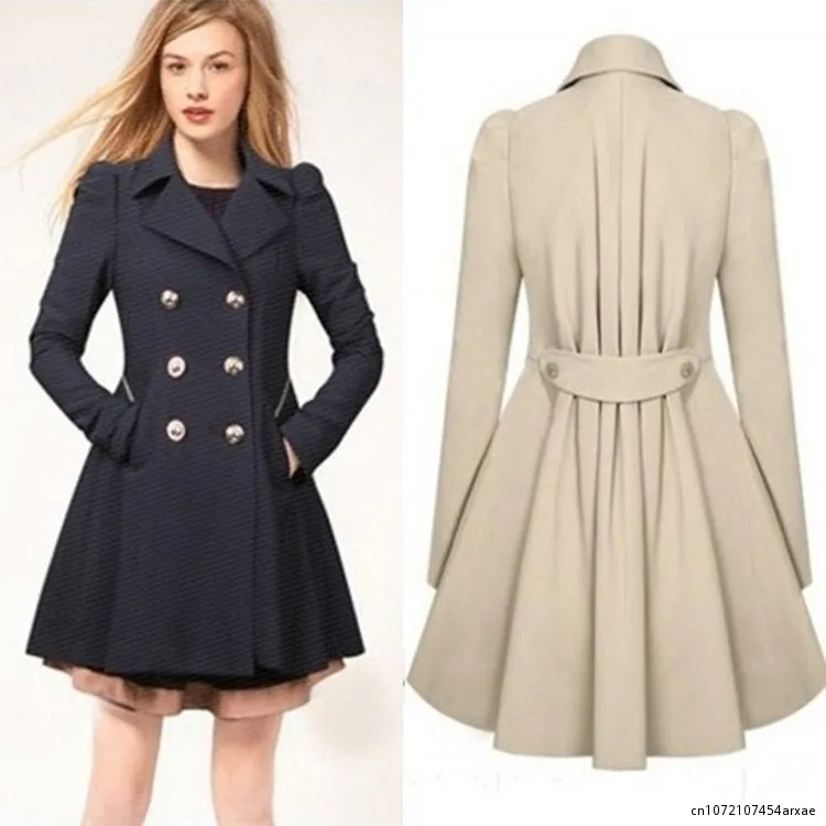 

Women thin Winter Double Breasted Trench Dress Coat Lapel Jacket Flare Outwear Long Coat Women