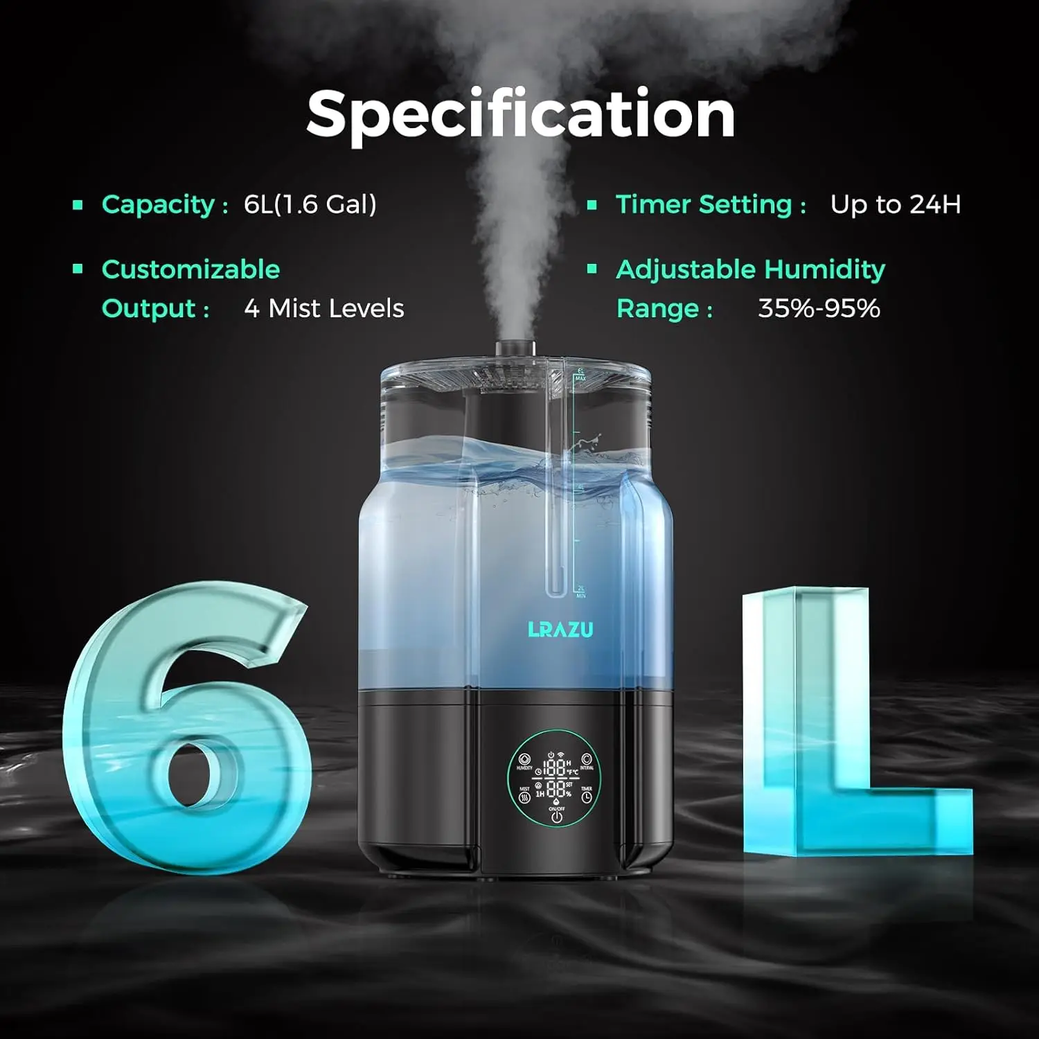 6L/1.59Gal Humidifier for Plants, Reptile Fogger Mister with Precise Temp & Humidity Probe/Expandable Hose, Smart