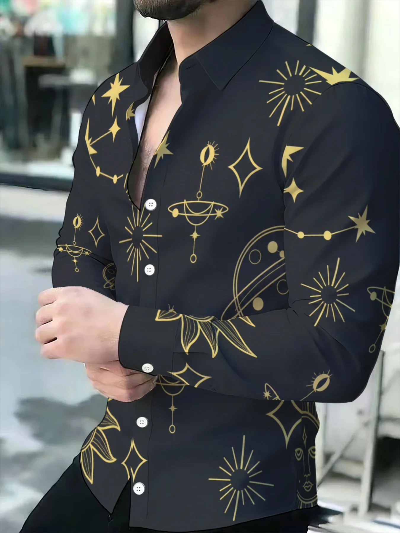 Men Long‑Sleeve Button‑Down Shirt Black Golden Celestial Planet Moon Star Print Polyester Lapel Collar Casual Top