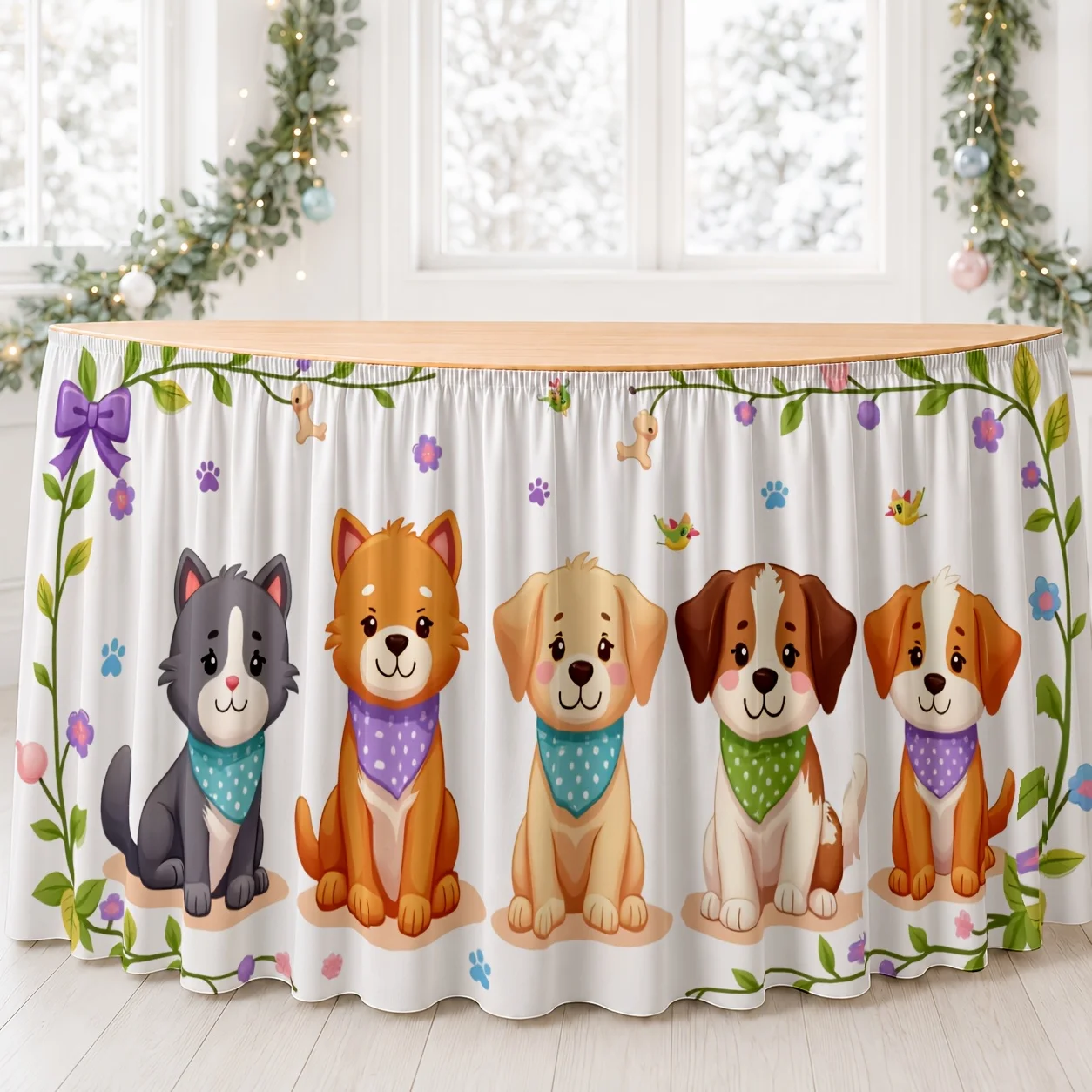 One table skirt made of polyester featuring cute flowers and a pet theme, charming and playful, full of imaginative ideas.