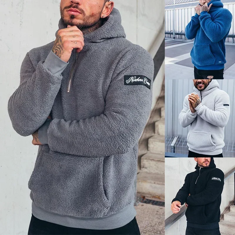 New Half Zipper Hooded Sweatshirts for Men Solid Winter Warm Fleece Hoodies with Pocket Casual Fit Streetwear Pullover With Nood