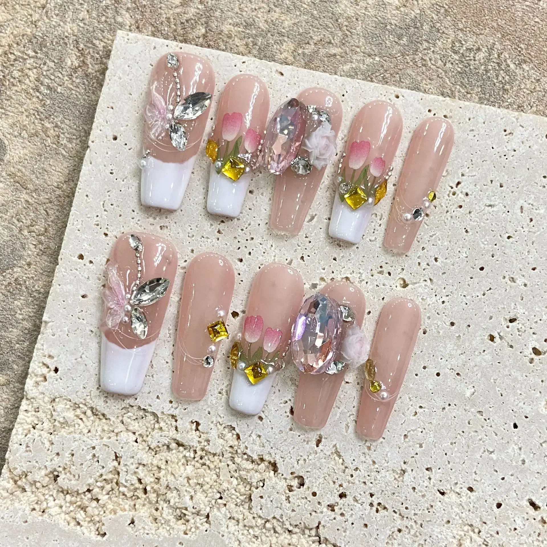 10 Uds. De uñas postizas hechas a mano, cubierta completa, diseño de fresa, diamantes de imitación de verano, bailarina francesa, uñas postizas, manicura usable