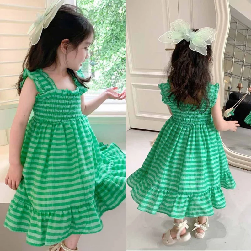 

Girl's Strap Skirt Summer New Sweet Green Western Style Tartan Skirt Dress Children One Piece Dropshipping