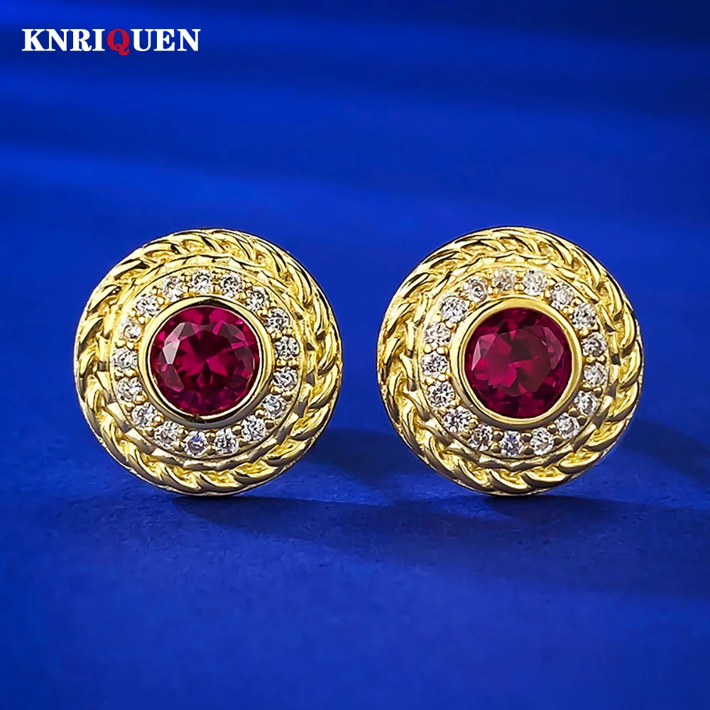 

Retro 18K Gold Plated 925 Sterling Silver 5mm Ruby Gemstone Stud Earrings for Women Wedding Party Fine Jewelry Anniversary Gift