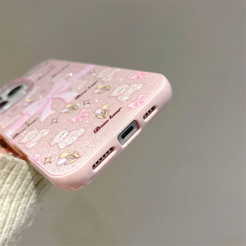 Милый чехол для телефона с блестящим бантом и цветочным принтом медведя для iPhone 14 15 Pro 16 Pro Max Flash, розовый, 3D чехол с бантом и лаппет для девочек, подарок