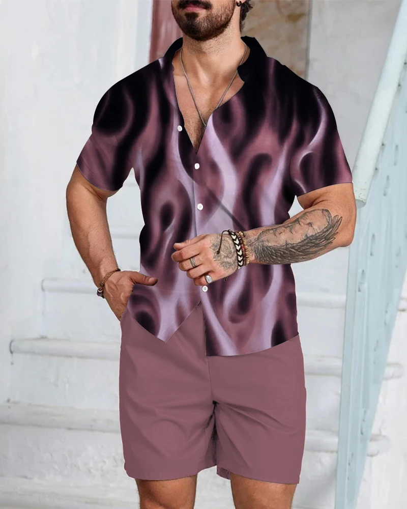 Men's Shirt Set 3d Flame Print Short Sleeve Casual Oversized Beach Shorts Streetwear Hawaiian Shirt Short Sleeve Shorts Set