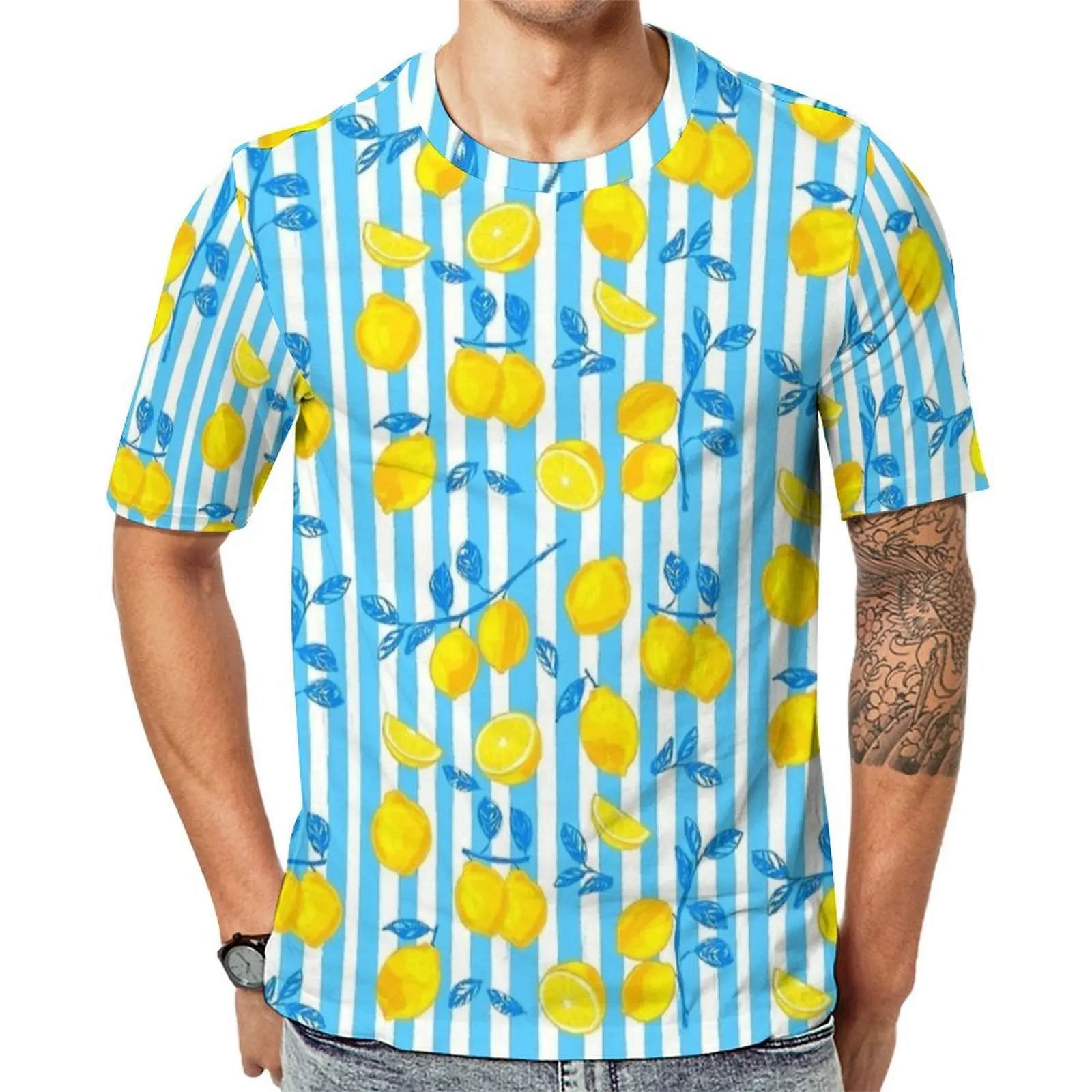 Striped Lemon Fruit Print T Shirt For Man Custom O Neck T Shirts Original Trendy Clothing Short Sleeves Aesthetic Oversized Tees