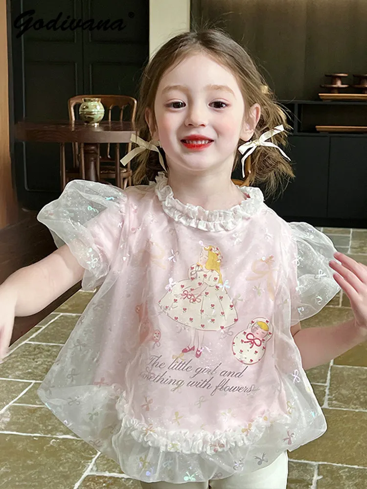 

Sweet Girls Organza T-shirt 2026 New Summer Toddler Princess Puff Sleeve Cartoon Print Top and White Bootcut Pants 2pcs Sets