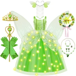 Girl Tinker Bell Green Princess Dress Tinkerbell Sling Sequin Floor Length Frocks With Wings Halloween Party Elegant Gown