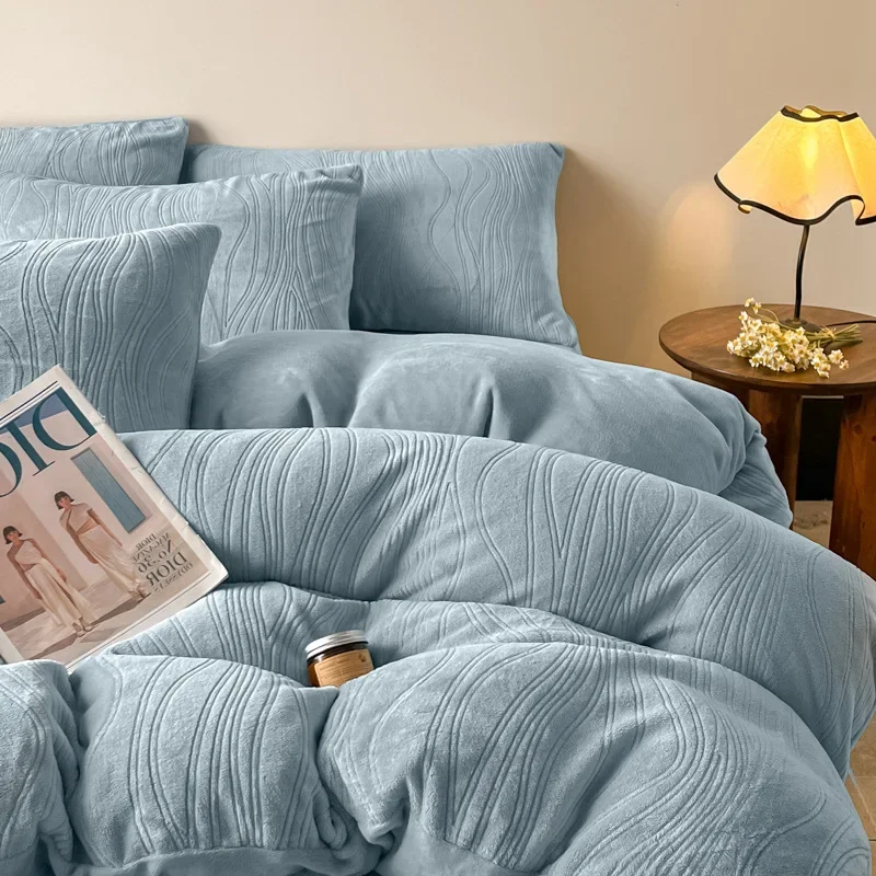 2025 new winter solid color simple four-piece set milk fleece carved quilt cover bedding thickened warm kit comfortable
