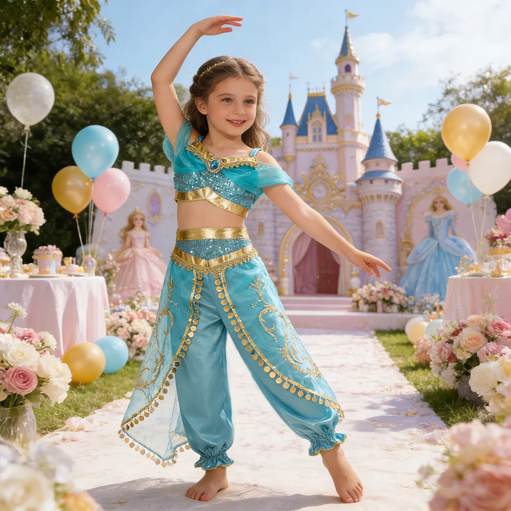 Carnival 2Pcs Sets for Children Arabian Princess Dress Cosplay Disguise Fancy Jasmine Costumes Girls Birthday Party Outfits