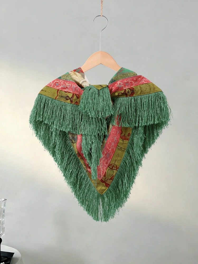 2026 Vintage Printed Tassel Patchwork Square Scarf Women Green Fashion Casual High Street Spring Lady Shawl image 5
