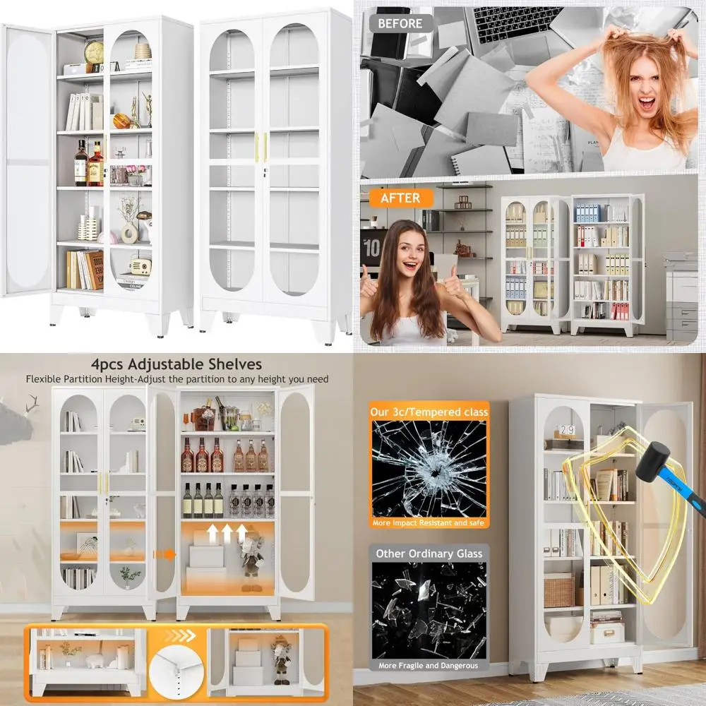 Hoher Vitrine aus Metall mit Glastür und 4 verstellbaren Ablagen für Sammlerstücke und Spirituosen