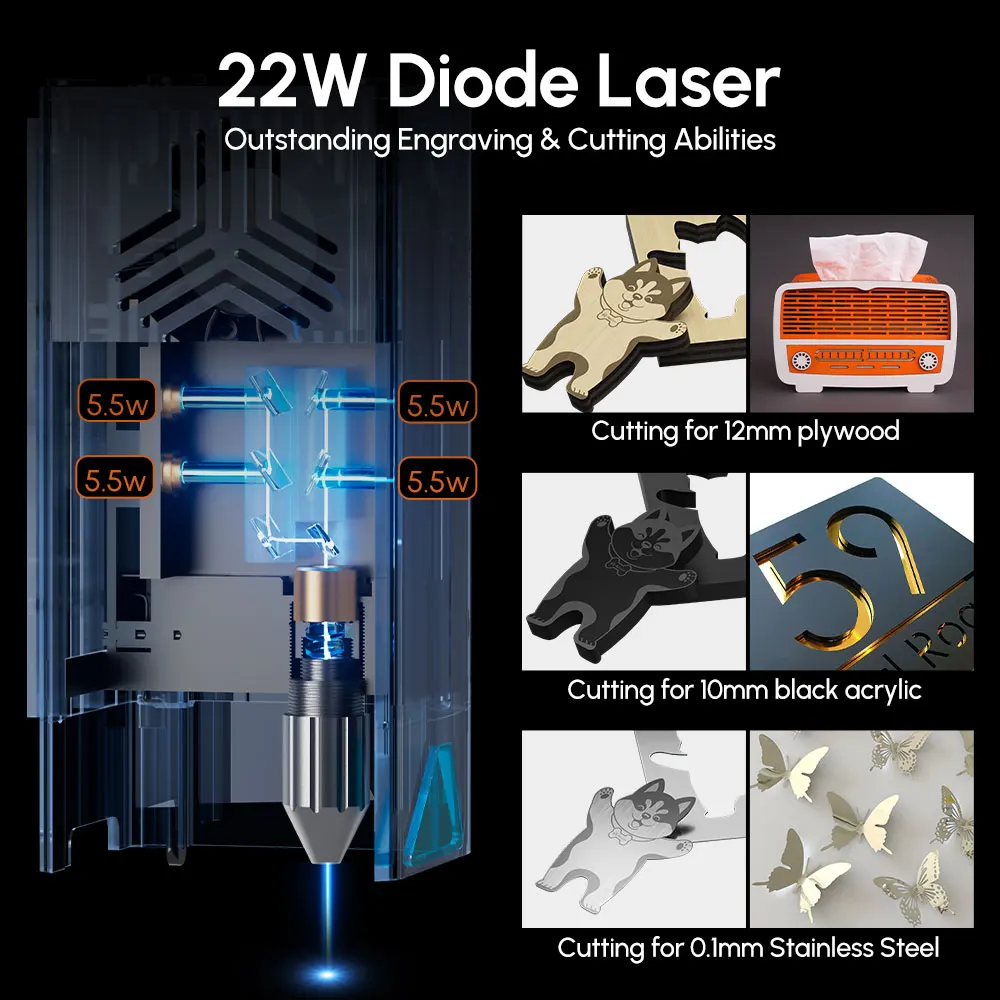 Algolaser Delta 22W Laser Engraver with Touch Screen Air Pump Rotary Roller Raier Feets Honeycomb Table Protection Cover Sets