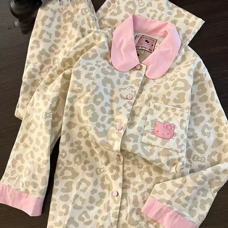 

Hello Kitty Women's Sexy Sleeping Pajamas Sets Kawaii Cartoon Autumn Long Sleeve Pants Sleepwear Leopard Print Home Clothes New