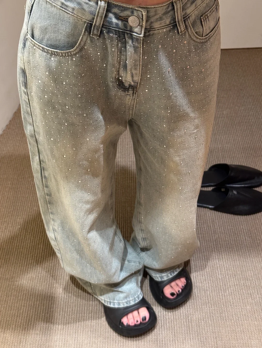 

Модные джинсовые джинсы с высокой талией, женские прямые широкие брюки, украшенные бриллиантами, свободный крой с эффектом похудения, осенняя одежда