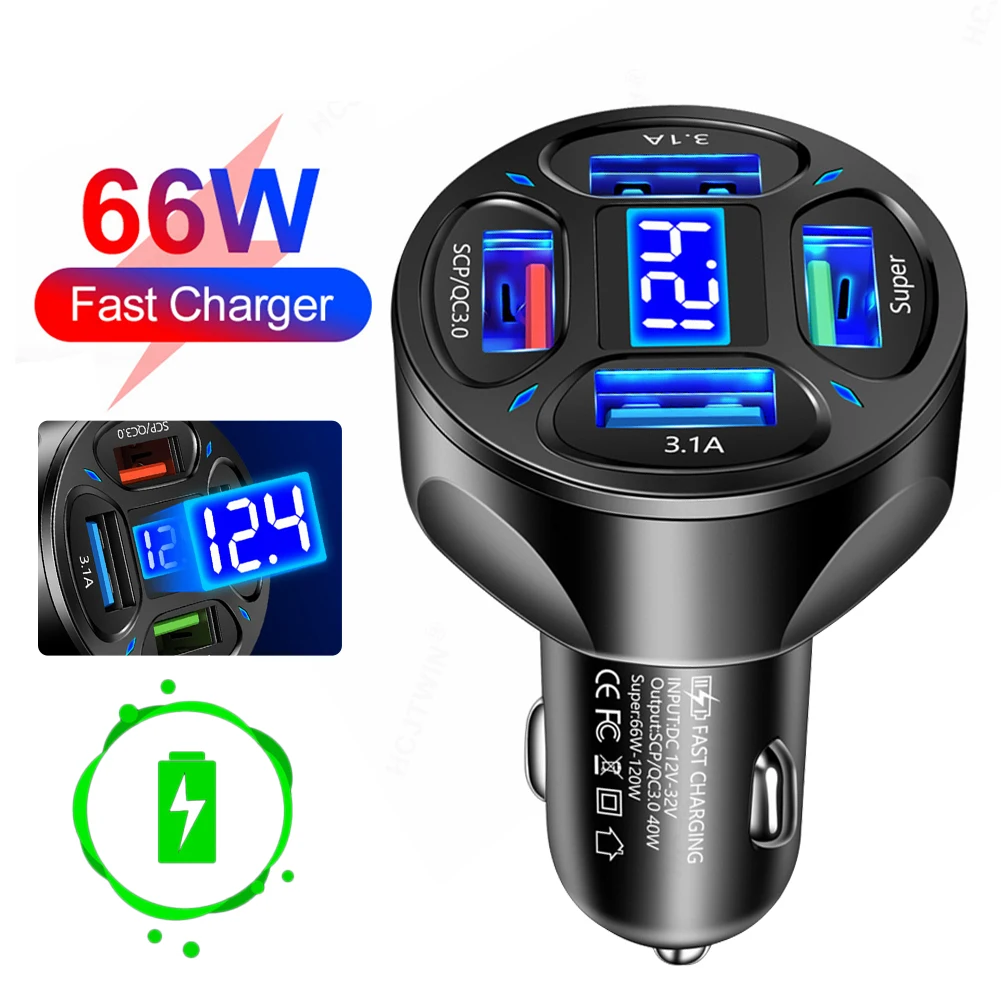 

66W Fast Charging Car Charger 12V/24V 120W 4 USB Ports Cigarette Lighter Adapter LED Voltmeter For Huawei Xiaomi IPhone Samsung