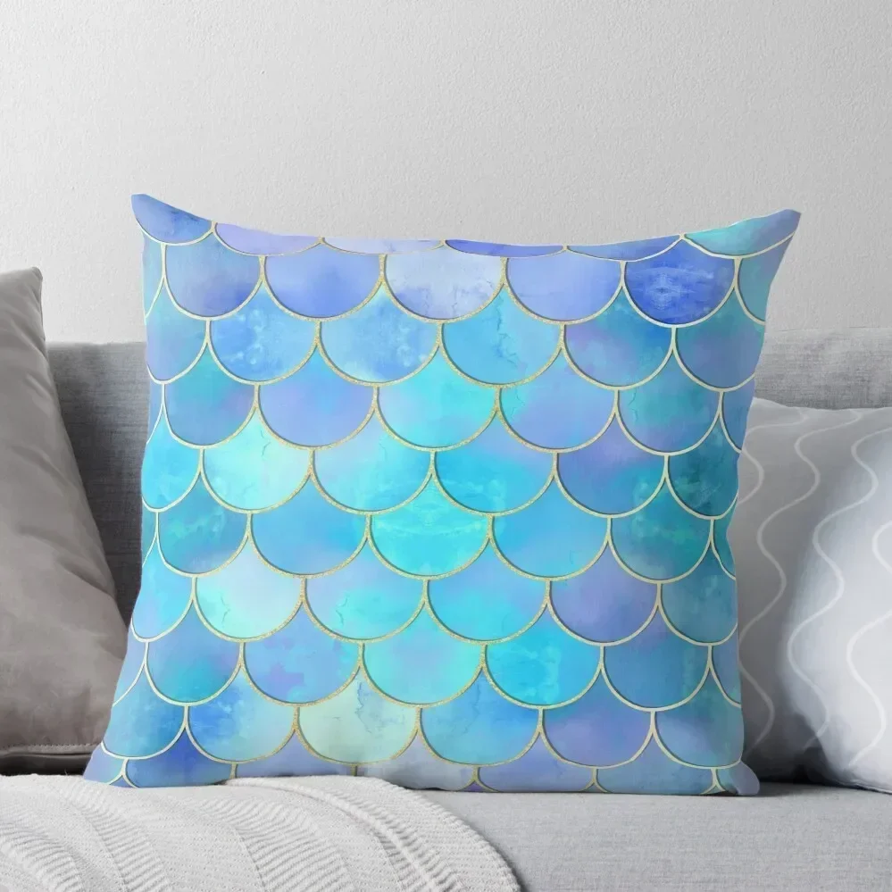 Aqua Pearlescent & Gold Mermaid Scale Pattern Throw Pillow christmas pillowcases christmas supplies ornamental pillows pillow