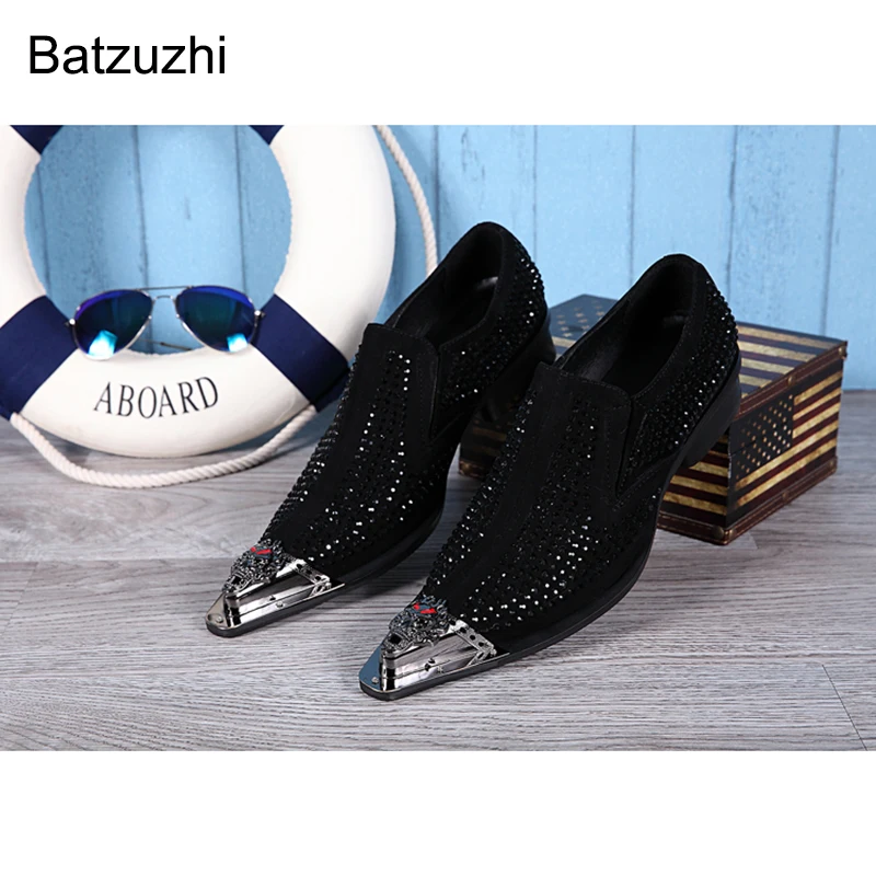 

Batzuzhi Luxury Design Men's Shoes Pointed Iron Toe Black/Red Rhinestone Leather Dress Shoes Men for Party and Wedding Male!
