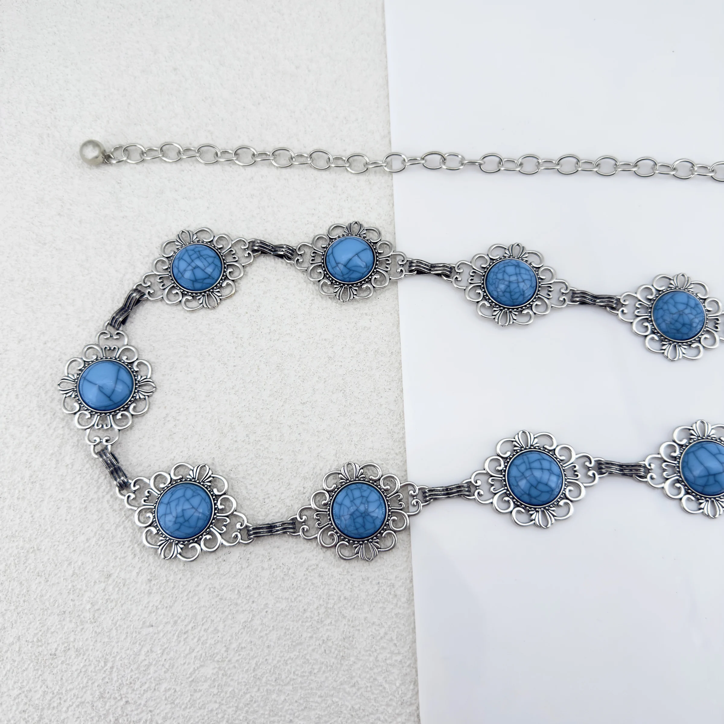 1 Stück Böhmisches Ethnisches Mosaik-Türkis Luxuriöses Vielseitiges Kleid für Damen mit Legierungs-Taillenkette – Detail 13