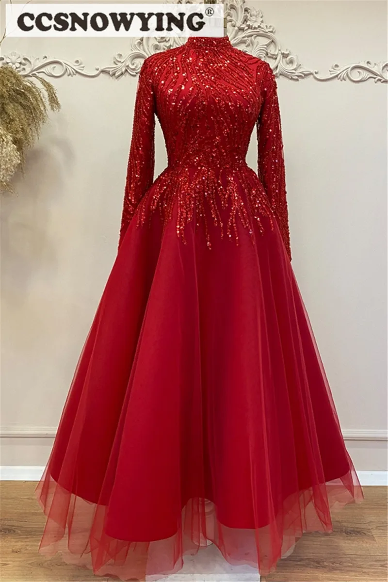 Luxury Beaded Muslim Evening Dress Long Sleeve Prom Dress High Neck Islamic Arabia Dubai Formal Party Gown Hijab Robe De Soiree