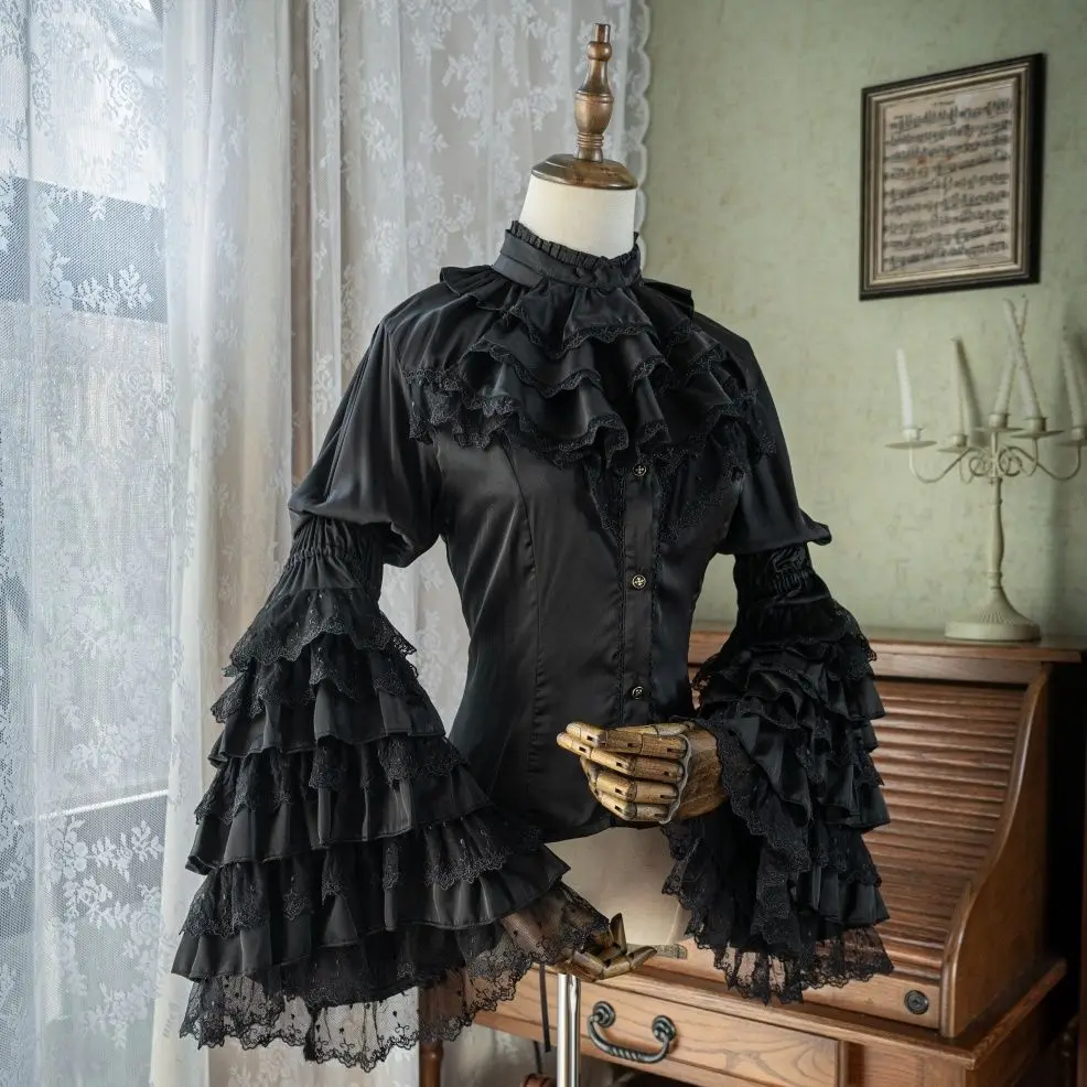 

NONSAR Lolita Gothic Blouse Women Camisas De Mujer Autumn Gorgeous Goth Solid Color Lace Bow Ruffles Flare Sleeve Slim Shirts