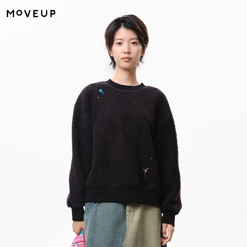 MOVEUP Casual Long Sleeved Round Neck Sweatshirt Winter Plush Colorful Embroidered Faishon Warm Loose Women's Pullover 3EWD11410