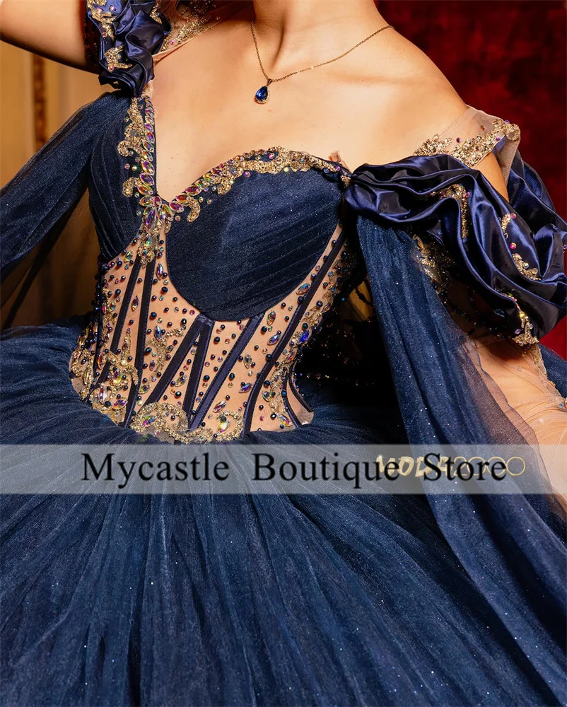 Navy Blue Quinceanera gaun bola gaun 2024 mengkilap renda Applique manik-manik kristal manis 16 15 pesta ulang tahun gaun korset jubah