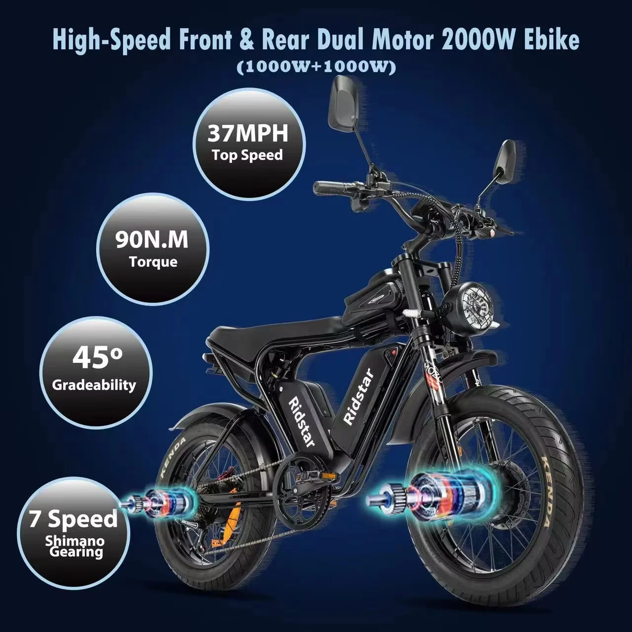 Q20 E Bike 2000W Powerful Motor 52V40AH Lithium Battery Electric Bicycle 20Inch Fat Tire 7-Speed Off-road mountain Electric Bike