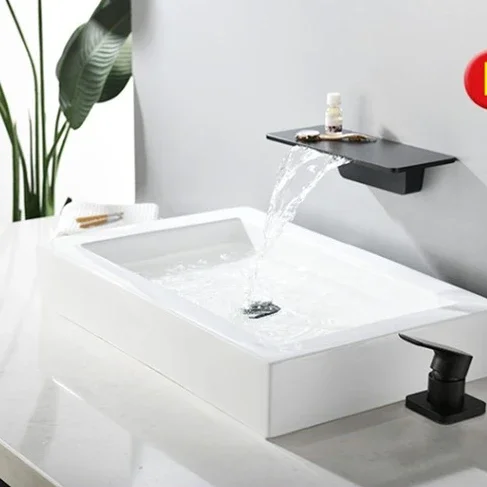 In-wall waterfall faucet black concealed embedded hotel washbasin hot and cold water faucet shelf