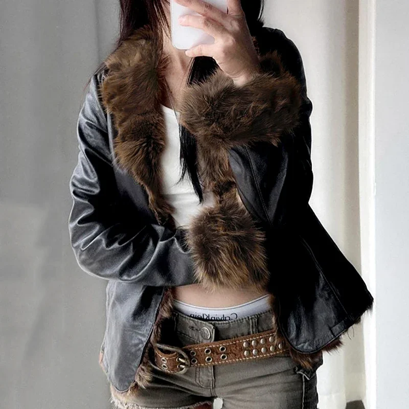 

Winter New Fur Collar Spliced Leather Jacket Black Pu Street Hot Girl Sexy Fashion Slim Fit Warm Vintage Jacket American Style