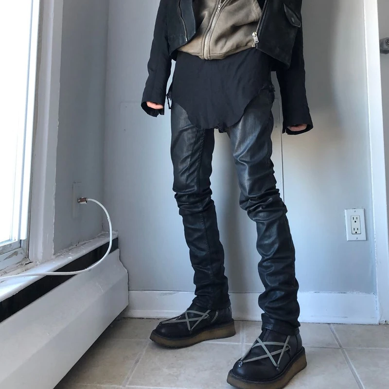

Dark Coated Wax Pants Men's Jeans Fashionable Trousers