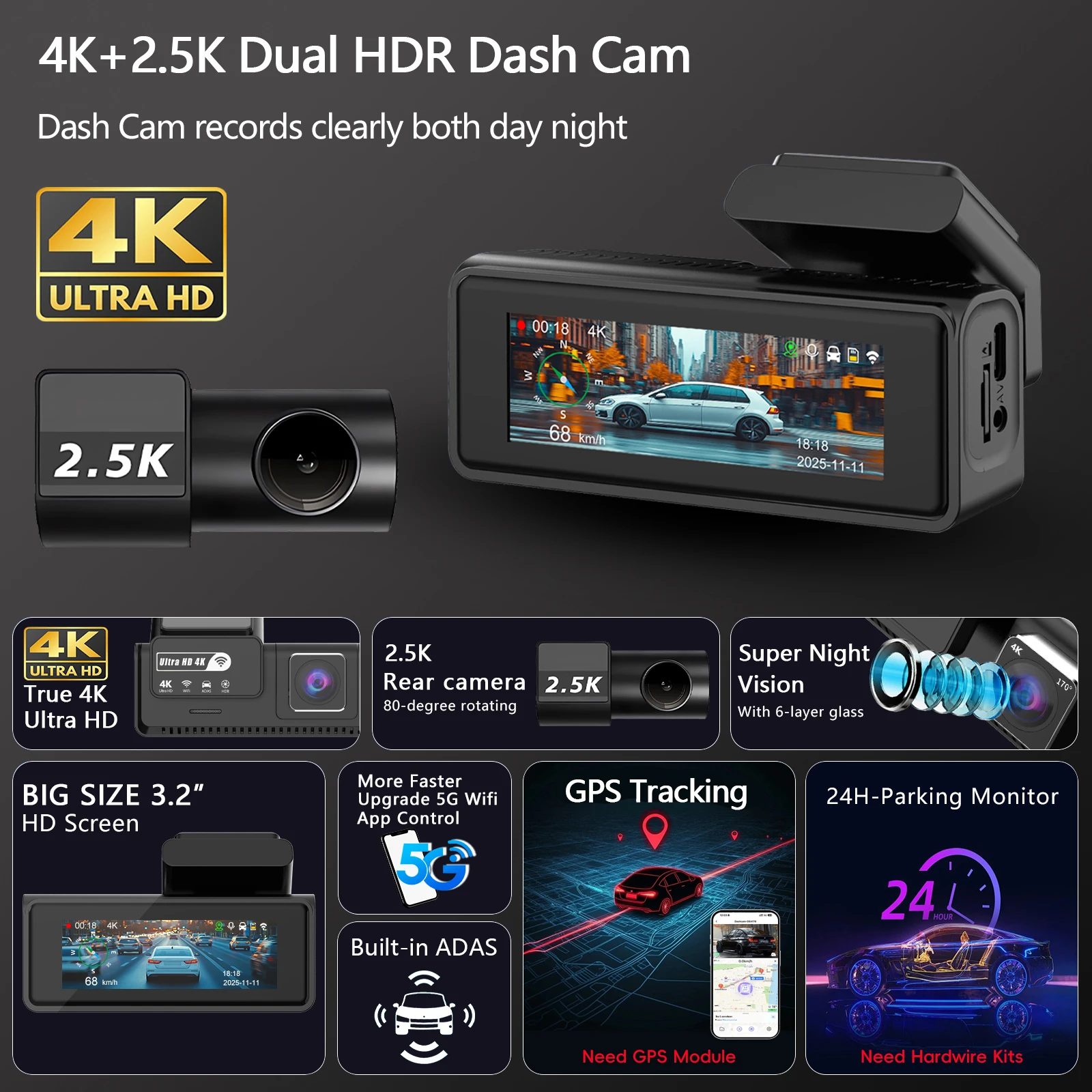 UHD 4K 2160P+2.5K ADAS Dash Cam Dual Lens ADAS WIFI GPS Mini Car DVR 2.5K Rear Camera Video Drive Recorder Dashcam Black Box