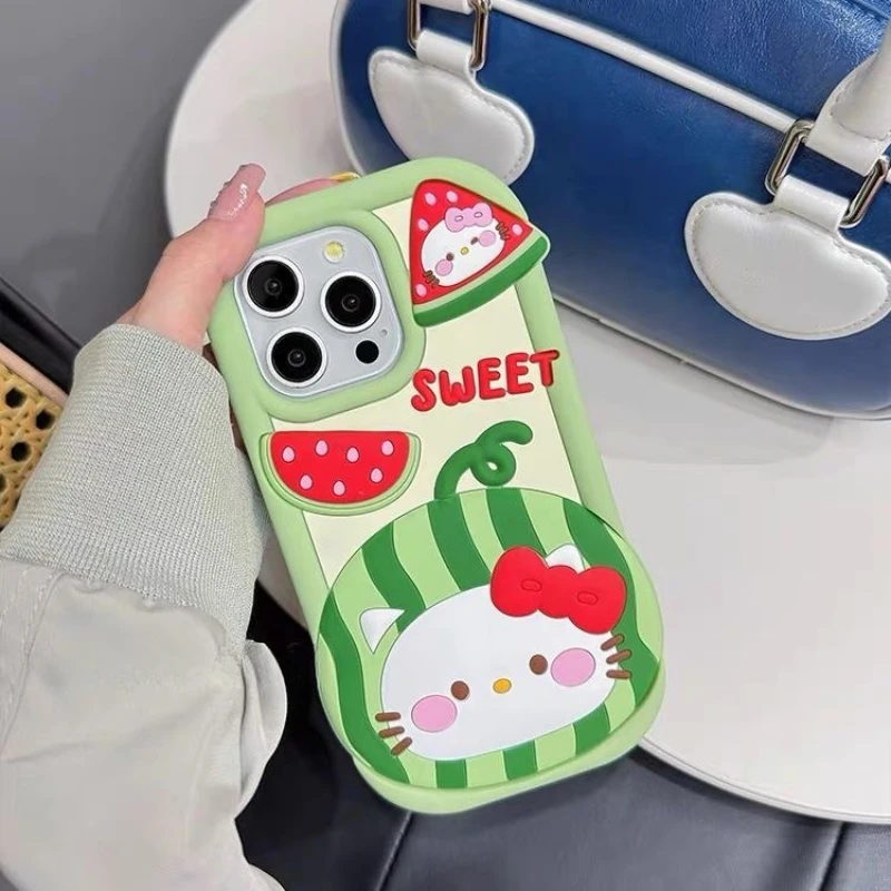 Creative Cute Green Watermelon KT Cat Soft Case for IPhone 15 14 13 12 Pro Max Cartoon Hello Kitty Y2k Girls Shockproof Cover