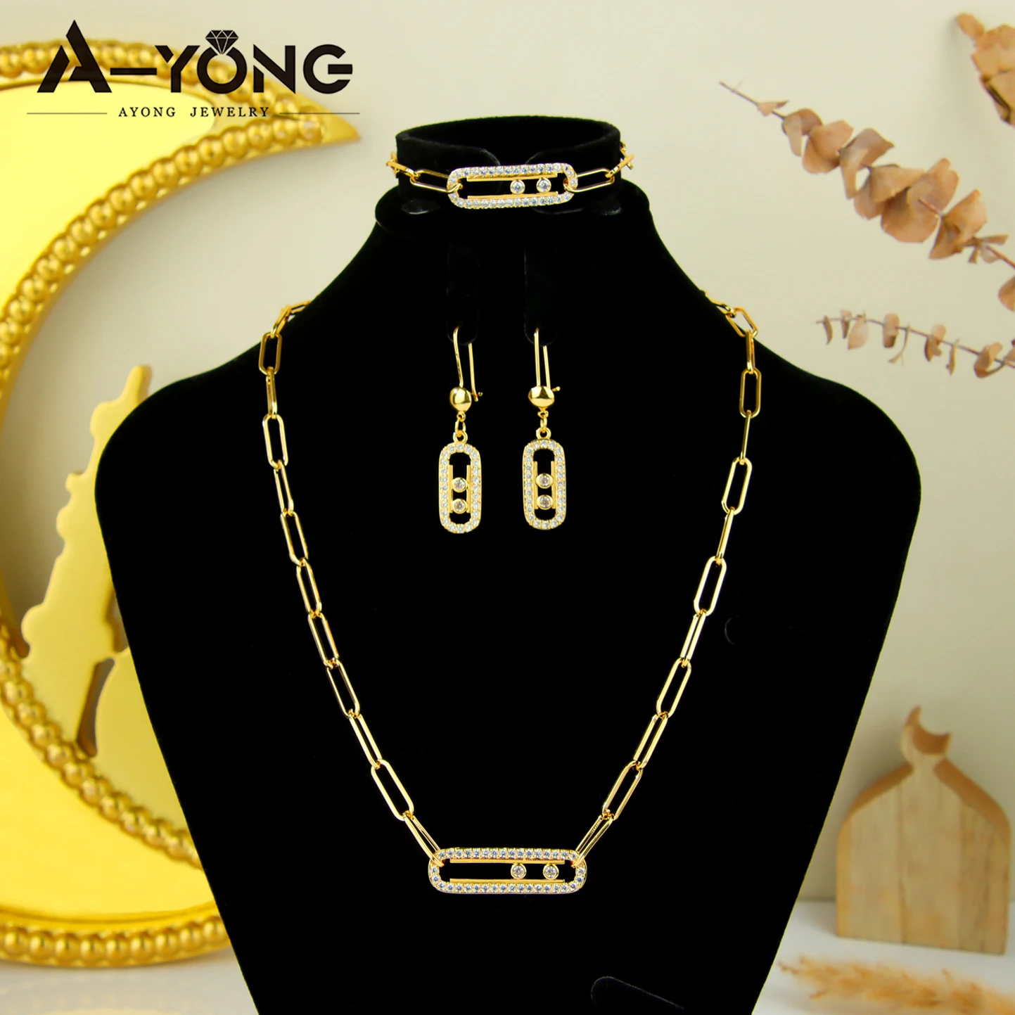 Dubai Fashion Jewelry Set 21k Gold Plated Italian Geometric Zirconia Necklace Bracelet Earrings Saudi Women Event Party Jewelrys
