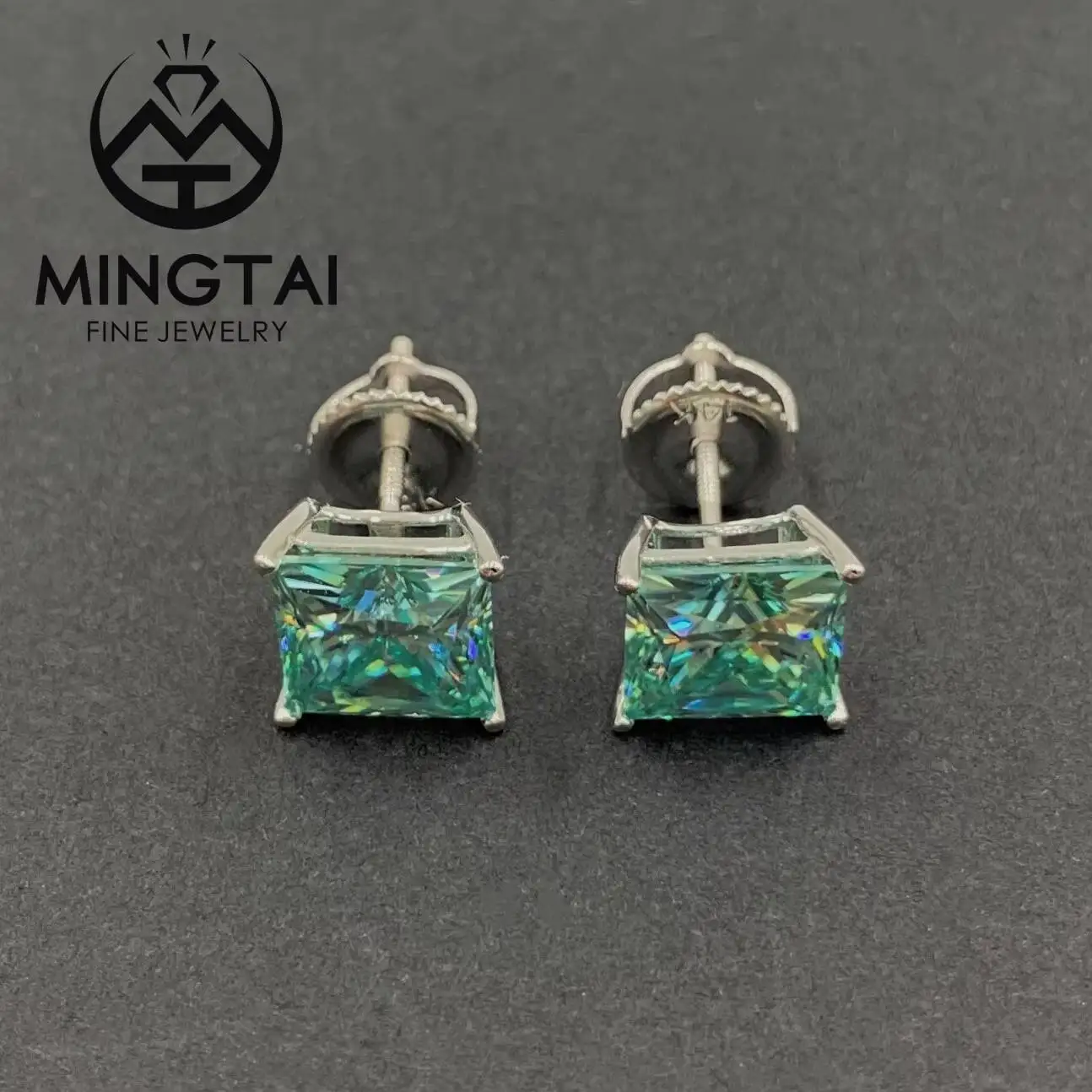 14k Gold Fancy Moissanite Earring Blue Moissanite Princess Cut Lab Grown Stud Earrings Screw Backs Wedding Earrings Design