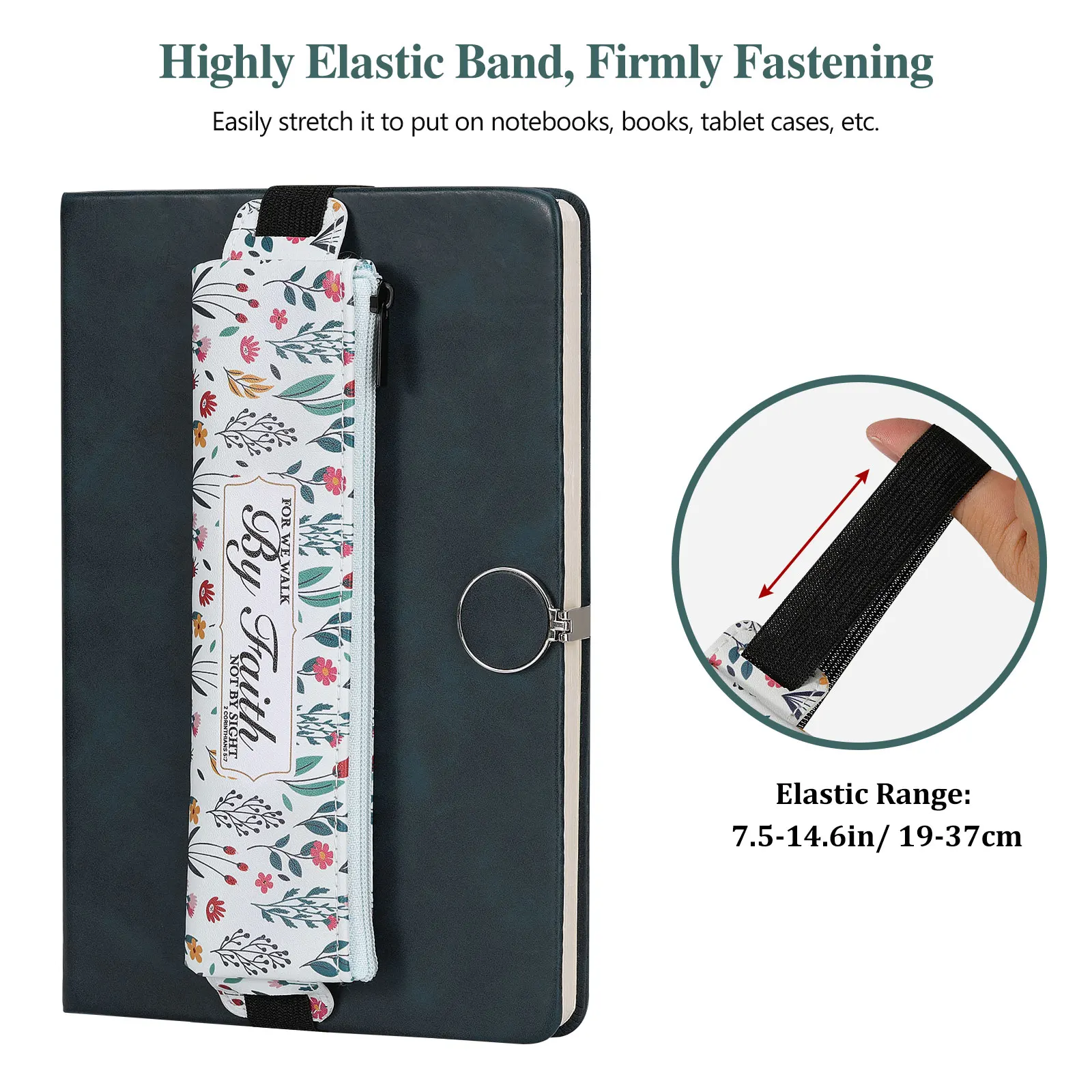 MoKo Elastic Pen Holder for Notebook 4 Pieces PU Leather Pencil Case with Adjustable Band Stationery School Supplies Zipper Bag