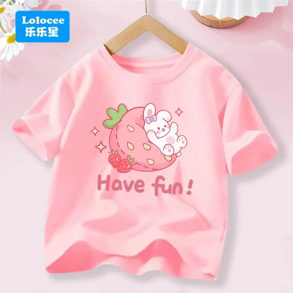 Summer 2025 New Kawaii Strawberry Rabbit Pink Tee Shirt for Children Cute O-neck Short Sleeve Girls Top
