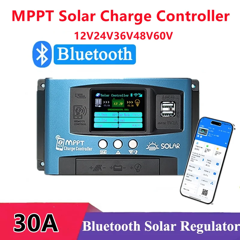 

MPPT Контроллер заряда солнечной батареи Bluetooth Dual USB ЖК-дисплей Регулятор зарядного устройства панели солнечных батарей 12V24V36V48V60V 30A