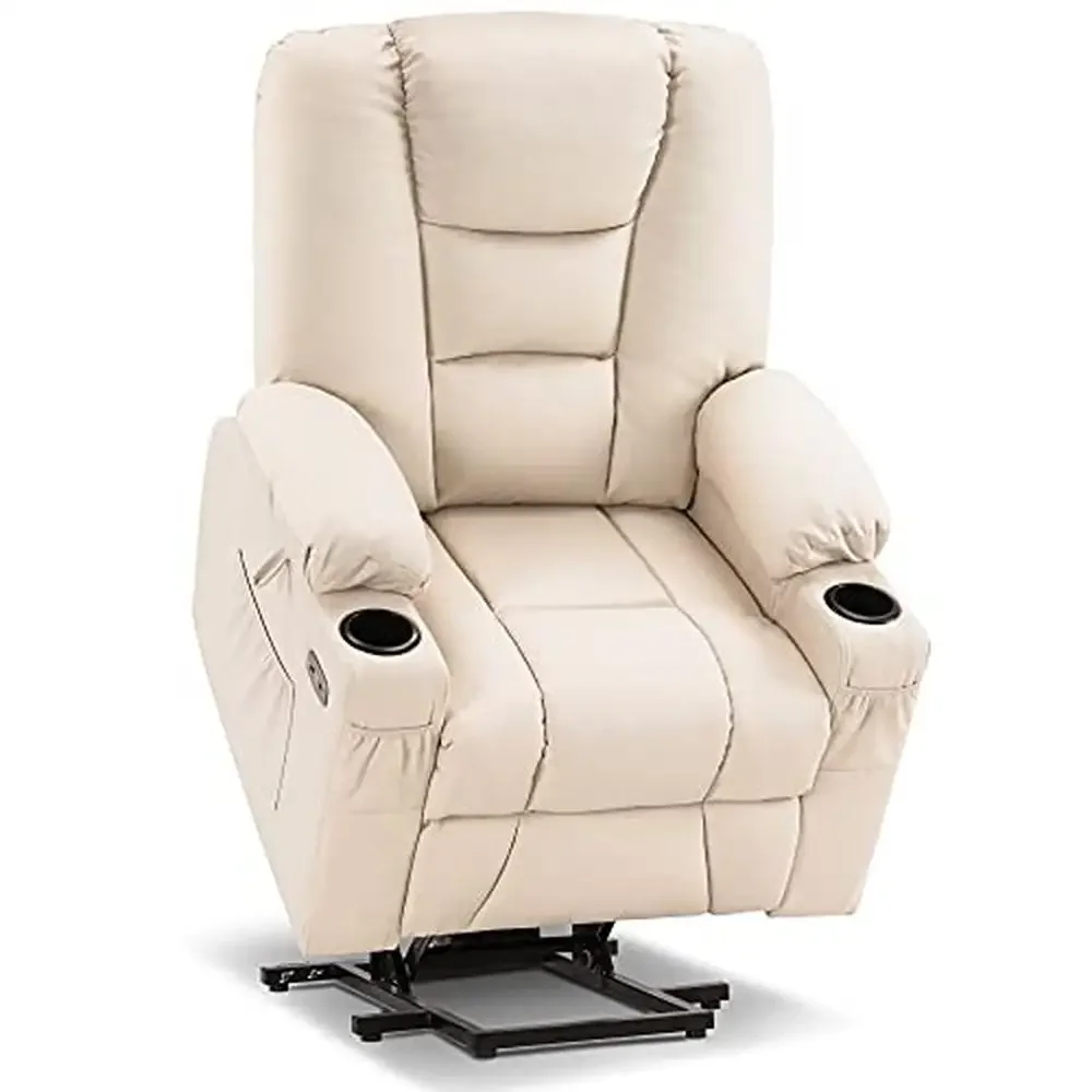 Power Lift Recliner Chair Massage Heat Elderly USB Cup Holders Side Pockets Faux Leather Medium Cream Relaxation Comfort Easy