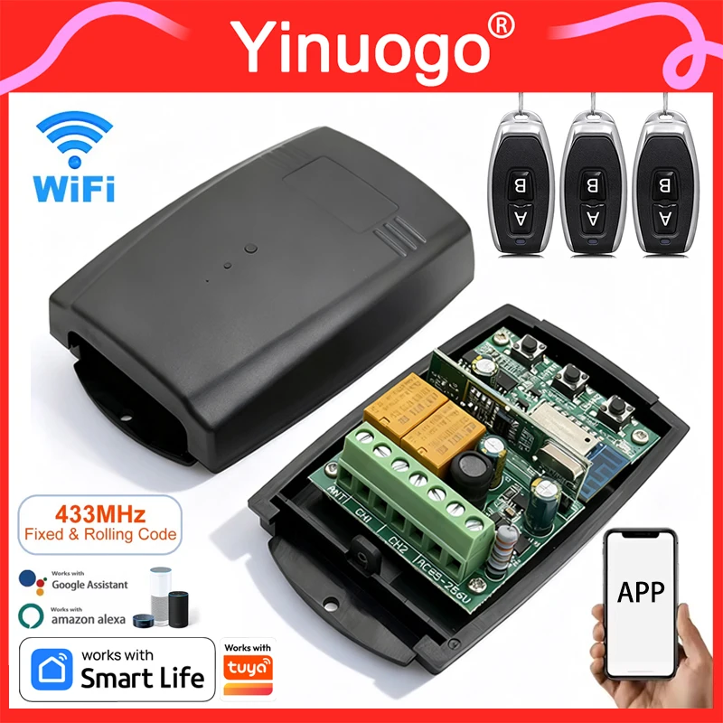 433MHz Work with Tuya WiFi Smart Garage Door Opener Receiver 2CH For 433.92MHz Gate Remote Control Rolling Code / Fixed Code