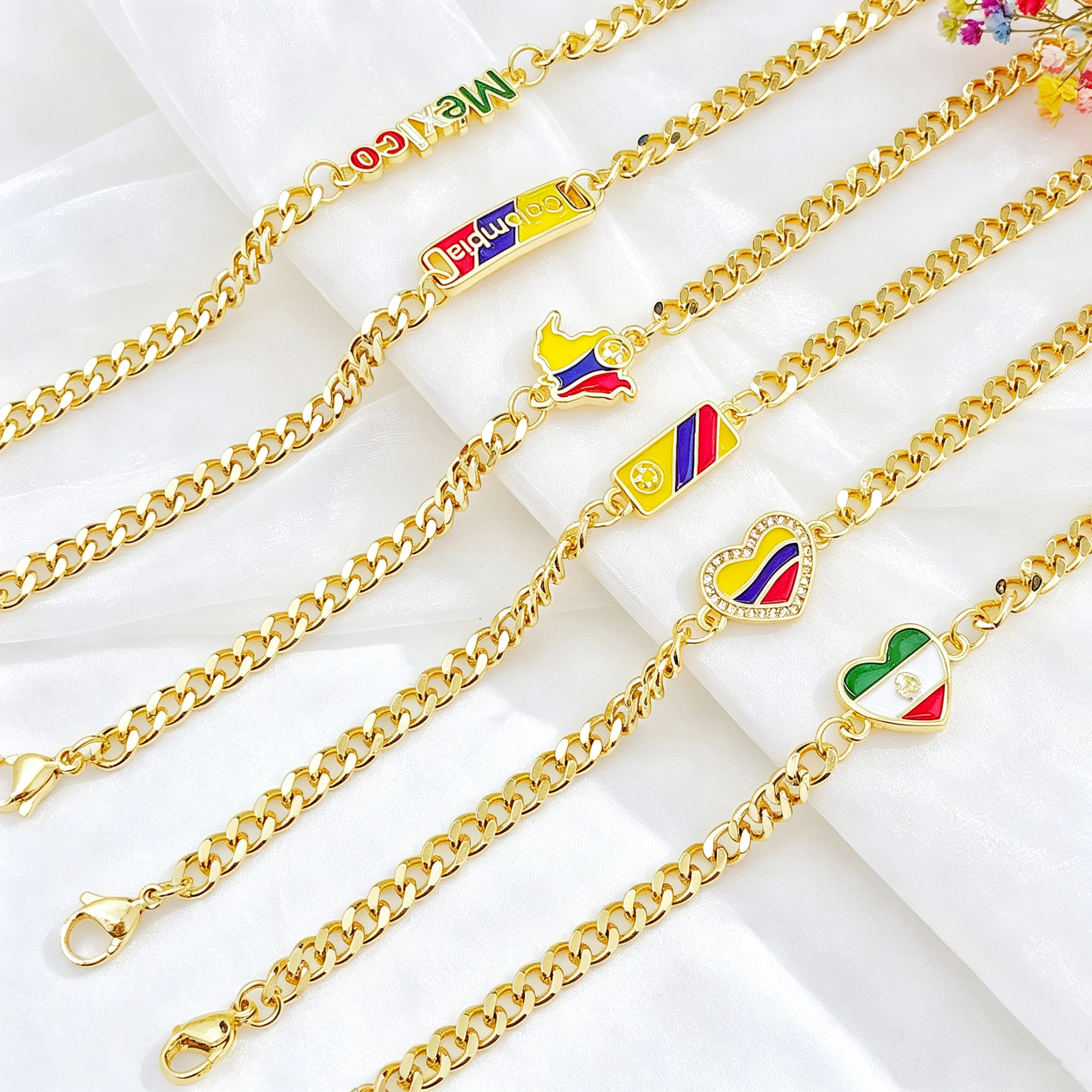 Hot Sale Enamel Art Gold Plated Venezuela Mexico Colombia Flag Cuban Chain Bracelet for Men Women Holiday Anniversary Jewelry