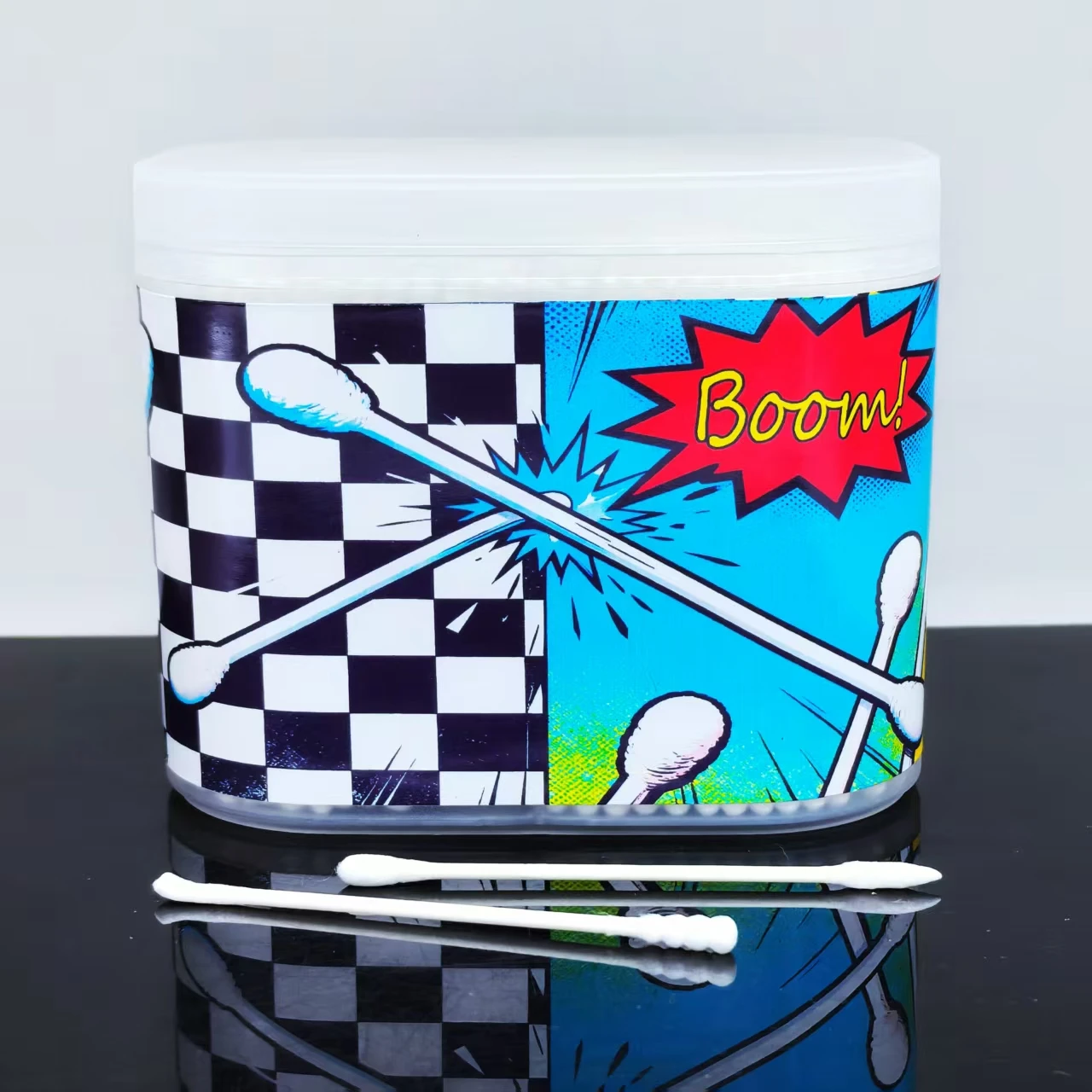 창의적인 흑백 체크무늬 미세축 면봉 600개, 양면 면봉, 선물용 면봉