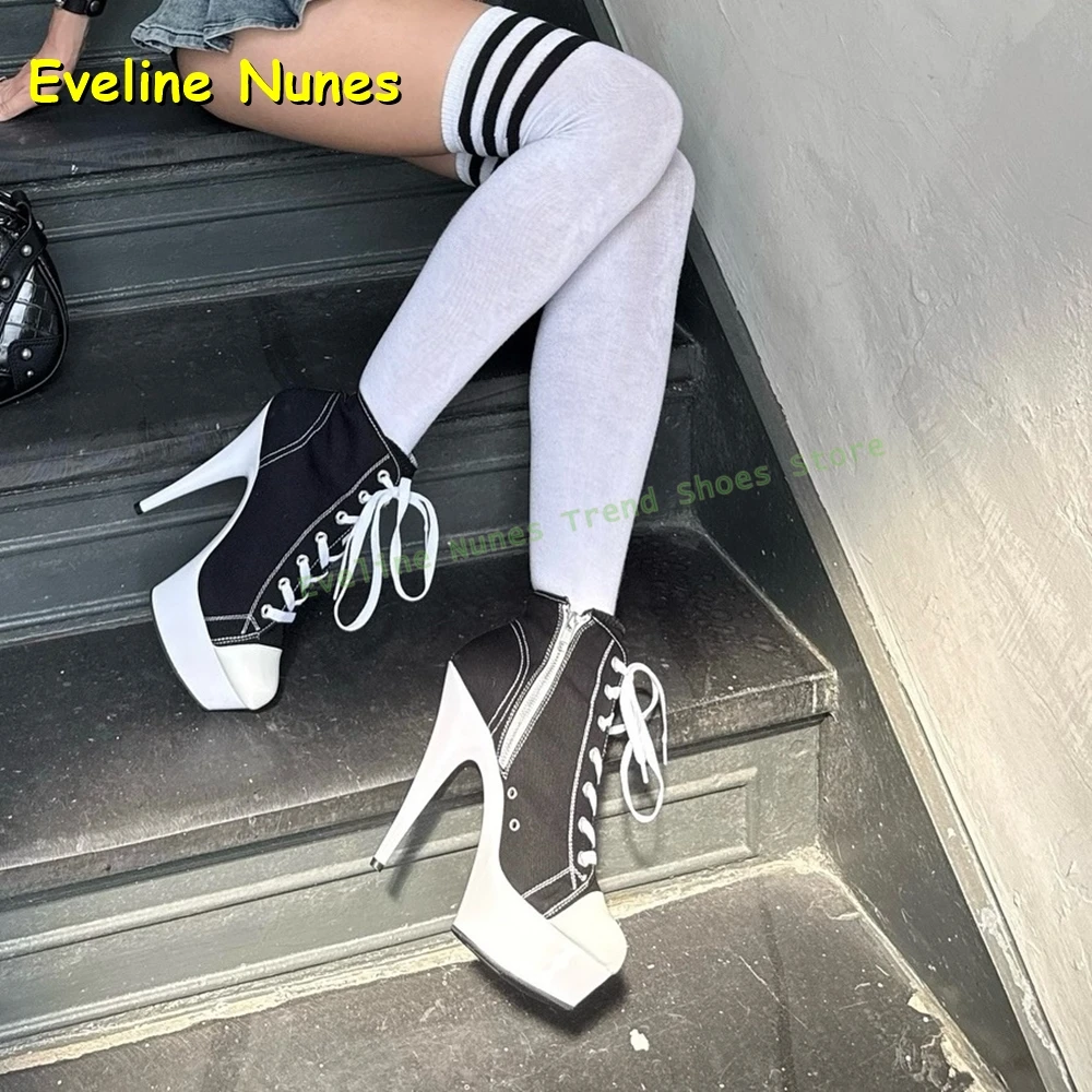 

Black Canvas Platform Fashion Sneakers Round Toe Stiletto Side Zip Lace Up Black and White Spicy Girl Ankle Boots 2025 Newest